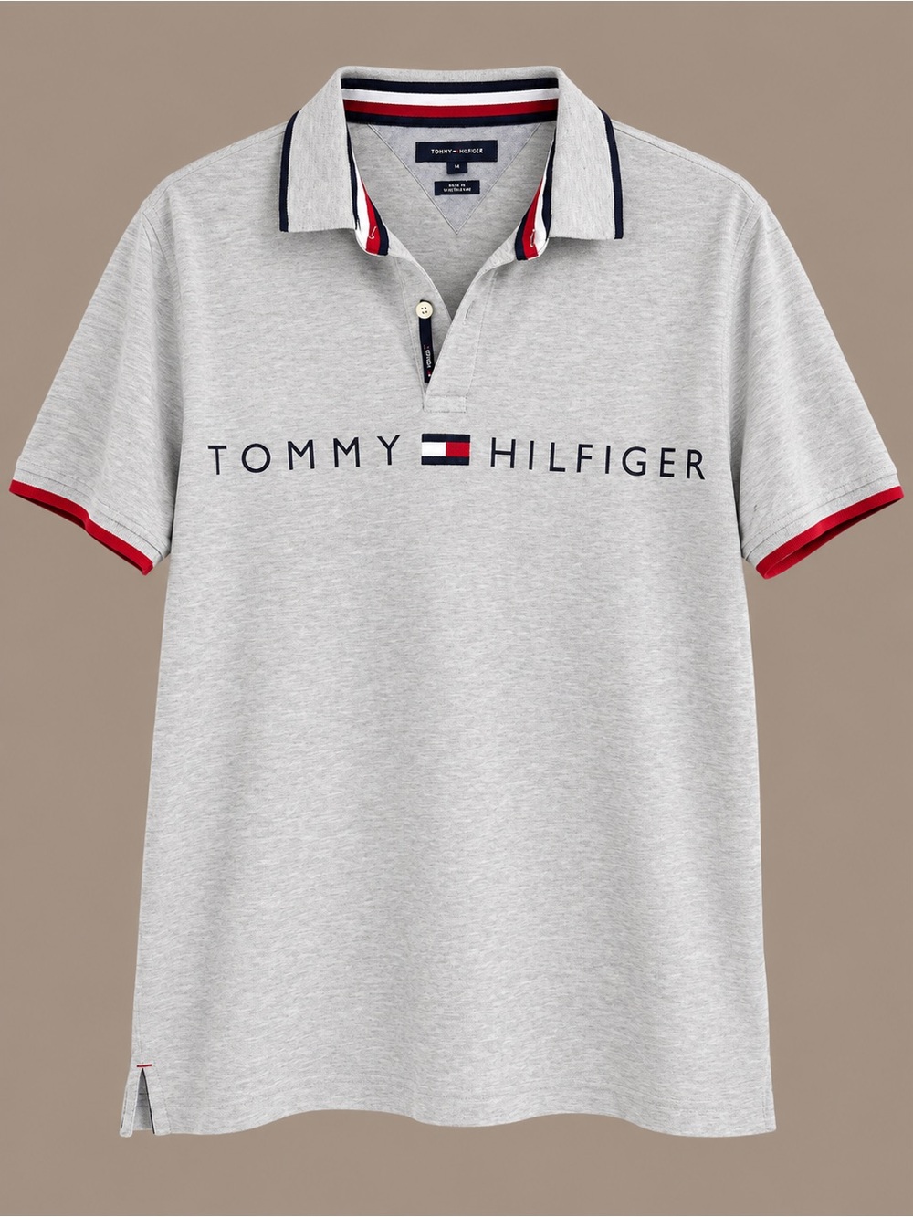 Tommy Hilfiger Men’s Light Gray Polo with Signature Logo & Red-Navy Trim